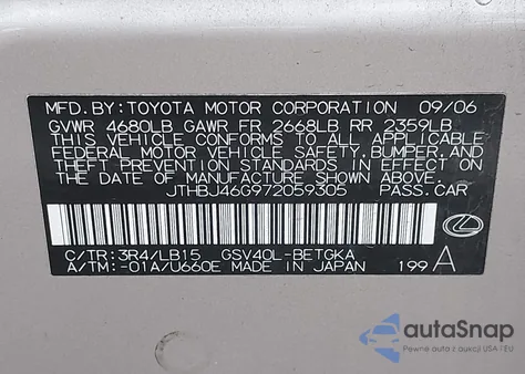 2007 Lexus Es 350 z USA, uszkodzony, nr VIN JTHBJ46G972059305